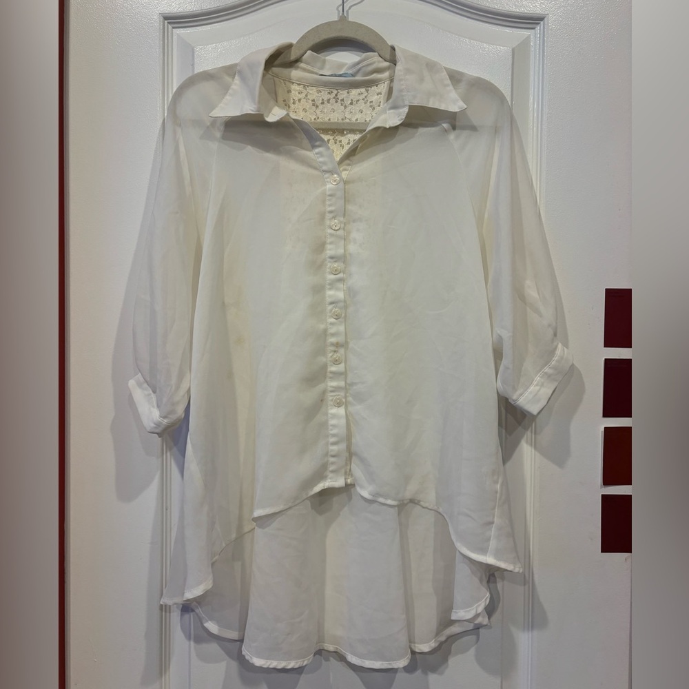 Chiffon button down lace back blouse
